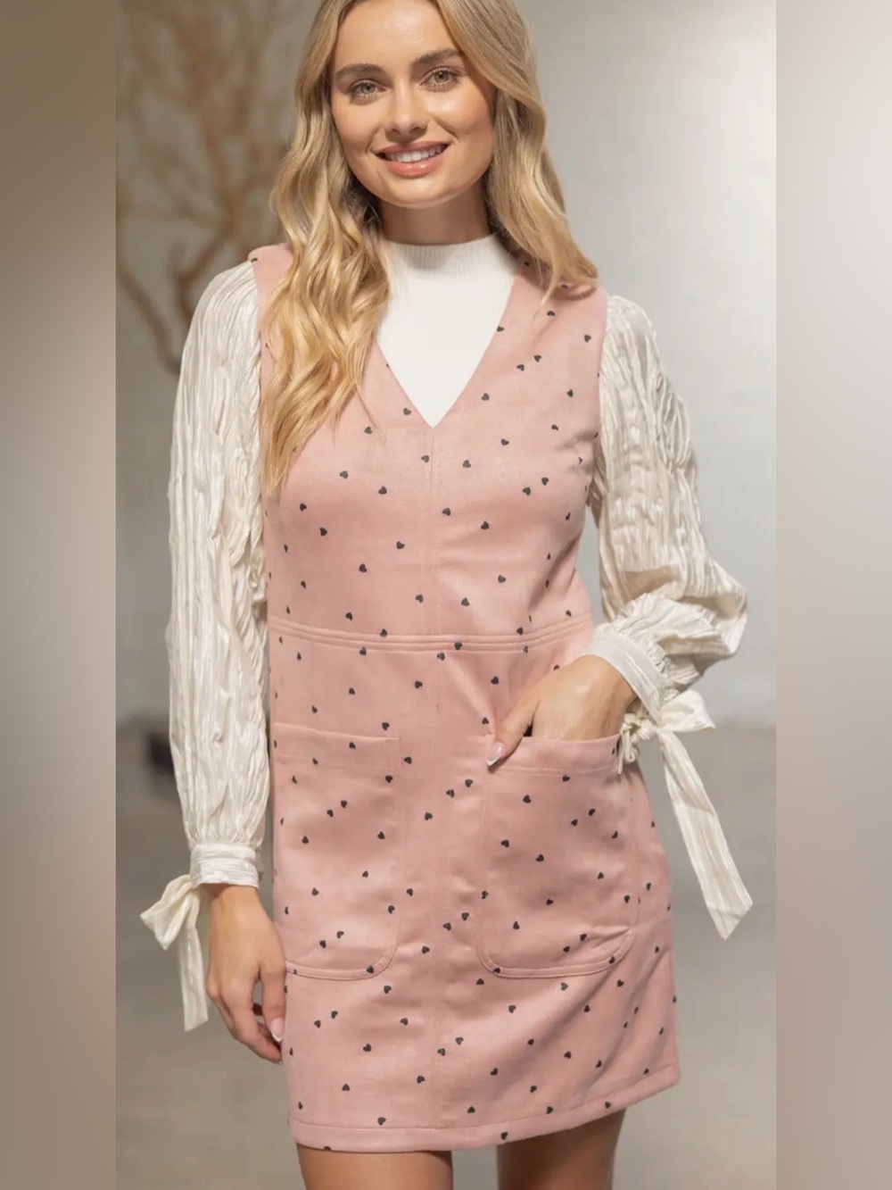Women’s Pink Heart Print Pinafore Dress